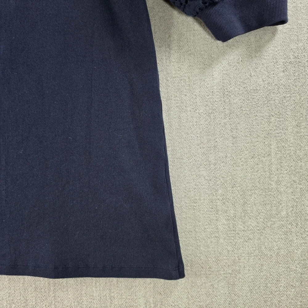 LOFT Henley Top Womens Medium Navy Blue Eyelet Lace Puff Sleeve Ribbed Knit‎